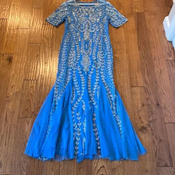 Adrianna Papell blue embellished beaded overlay mermaid occasion dress 12